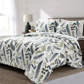 Full/Queen Reversible Cotton Lightweight Floral Fern Leaves 3 Piece Quilt Set