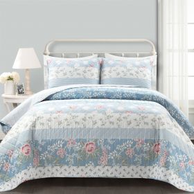 King size Blue Pink White Beige Floral Cottage Lightweight 3-Piece Quilt Set