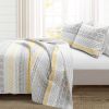 King Scandinavian Grey/Yellow/White Chevron Stripe Reversible Cotton Quilt Set