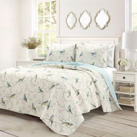 Full/Queen Reversible Lightweight Polyester Floral Birds 3 Piece Quilt Set