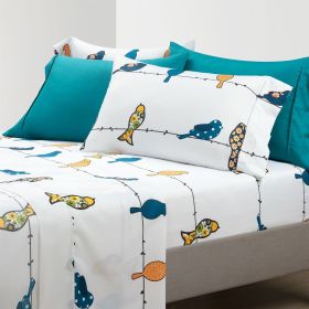 Full Teal Yellow White Floral Birds on Wire Soft Polyester 6 Piece Sheet Set