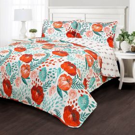 Full/Queen Red Poppy Flower White Teal Lightweight 3 Piece Cotton Quilt Set