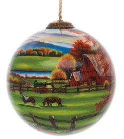 Peaceful Tranquility Autumn Farm Scene Hand Painted Glass Hanging Ornament