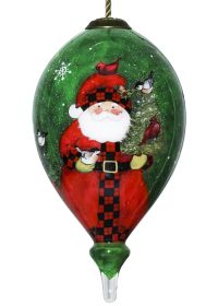 Woodland Plaid Santa Hand Painted Glass Hanging Ornament