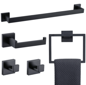 5 PC Bathroom Accessory Set in Matte Black Towel Bar Toilet Paper Holder Hook Towel Ring