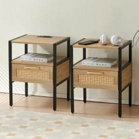 Set of 2, 15.75" Rattan End table with Power Outlet & USB Ports , Modern nightstand with drawer and metal legs, side table for living room, bedroom,na