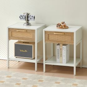 Set of 2, 15.74" Rattan End table with drawer, Modern nightstand, metal legs,side table for living room, bedroom,white