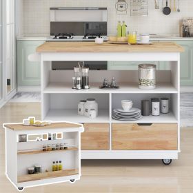 Rolling Kitchen Island with Storage, Two-sided Kitchen island Cart on Wheels with RubberWood Top,Wine and Spice Rack