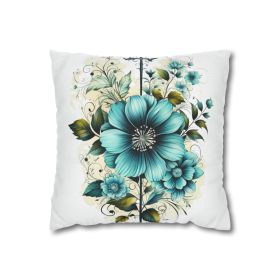 Decorative Throw Pillow Covers With Zipper - Set Of 2, Blue Green Christian Cross Floral Bouquet Illustration